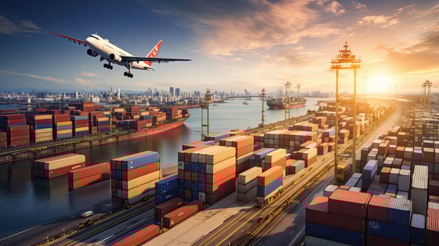 Container Cargo freight ship with working crane bridge in import export and logistics business and transportation concept. Generative AI photo