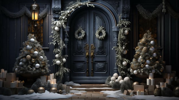 Christmas New Year holiday beautiful winter decorations of the entrance doors to the house, background photo