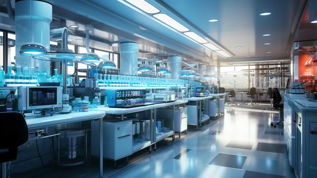 Modern scientific chemical medical research laboratory with equipment and flasks for conducting research and testing experiments photo