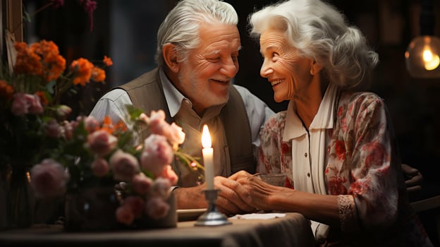 An elderly couple in love, a man and a woman, are sitting at a table, looking at each other with love and smiling photo