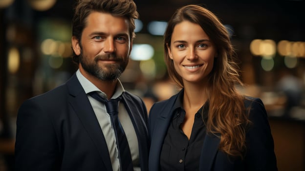 AI-Generated Man and woman executives in business suits in the office photo