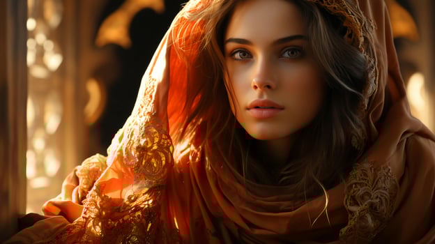 Beautiful woman in Arabic Muslim oriental headscarf face close-up photo