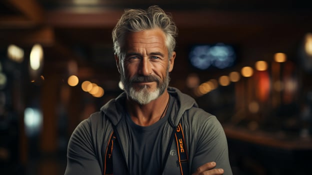 Mature male athlete with beard in sports fitness room photo