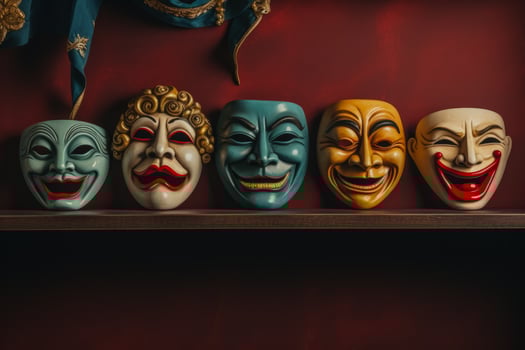 Theater masks on a shelf symbolizing comedy and tragedy photo