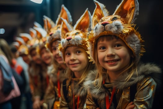 Young actors dressed in adorable costumes eagerly awaiting their cues backstage photo