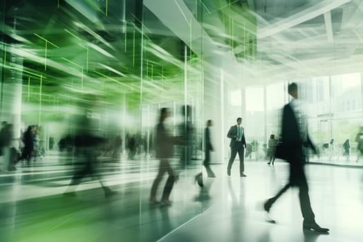 Crowded office public place with people passing by, traffic flow motion blur effect. AI Generative photo