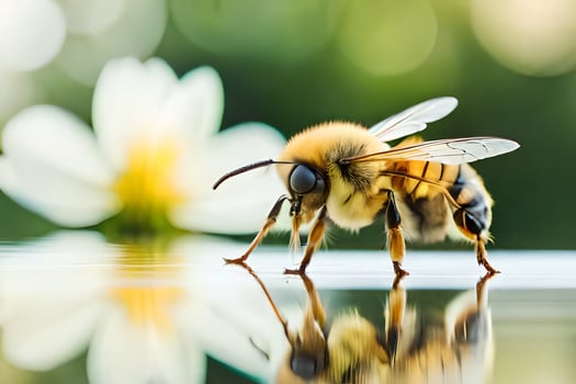 bee on water with flower in background. AI-Generated photo