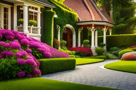 beautiful garden with flowers and shrubs in front of a house. AI-Generated photo