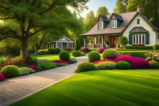 beautiful landscape with a house and garden. AI-Generated photo