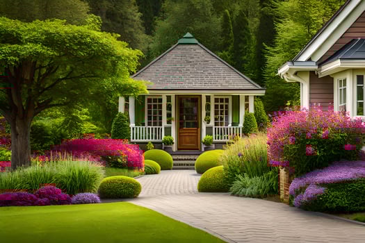 a beautiful garden with flowers and shrubs. AI-Generated photo