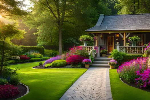 beautiful garden with flowers and trees. AI-Generated photo