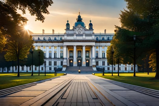 the sun is setting over a large building in the middle of a park. AI-Generated photo