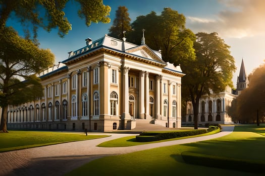 a large building with a large lawn in front of it. AI-Generated photo