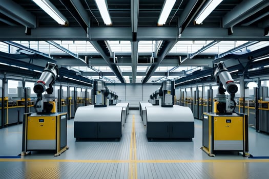 robots in a factory with yellow and white machines. AI-Generated photo