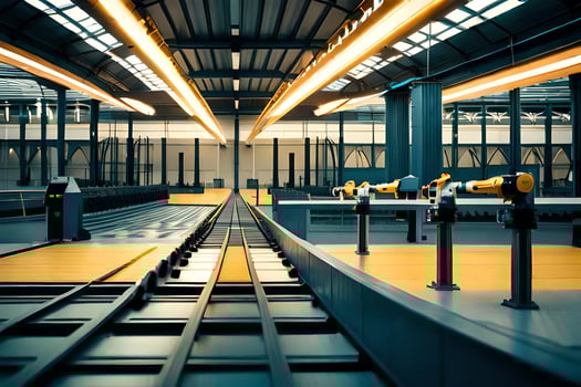 a long train track in a factory with yellow lights. AI-Generated photo