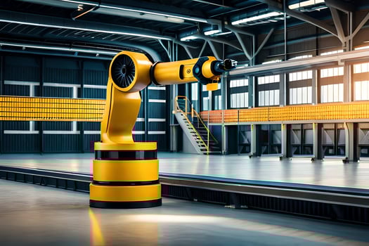 a yellow industrial robot is standing in a warehouse. AI-Generated photo