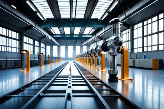 a long industrial warehouse with a lot of machinery. AI-Generated photo
