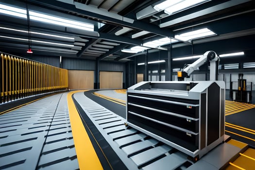 a large warehouse with a robotic arm and a conveyor belt. AI-Generated photo