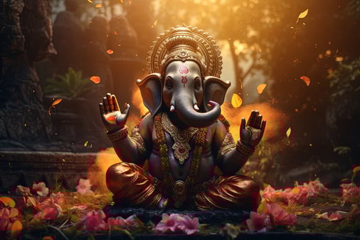Hindu God Ganesha with flowers AI generated photo