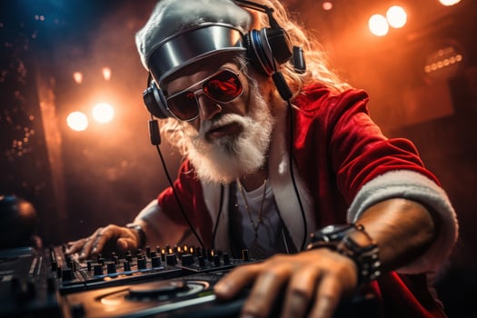Dj Santa Claus at Christmas party featuring in a festive outfit, mixing tracks on a mixer. The partygoers are bathed in colorful lights as they dance and revel to the lively music. Generative AI photo