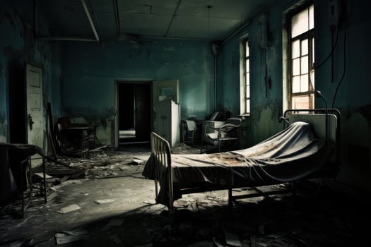 Mysterious Hospital gurneys inside spooky abandoned asylum. Generative AI photo
