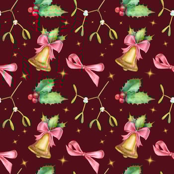 Watercolor Christmas pattern with a bell, holly, mistletoe and red ribbon on the dark red background. Seamless magical Christmas pattern. photo