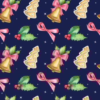 Seamless watercolor Christmas pattern with ginger bread, bell, holly and red ribbon on the dark blue background. Magical Christmas pattern. photo