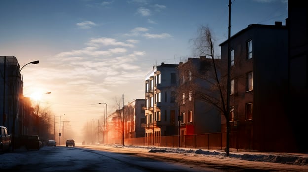 Winter city landscape at dawn. AI generated photo