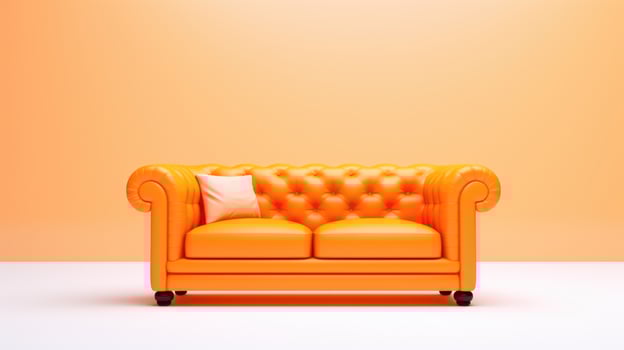 Modern orange sofa on legs on orange background. Flat lay front view. photo