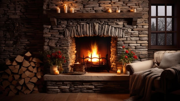 Fairytale hut with stone fireplace and cozy atmosphere. photo