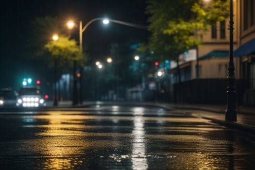 City street at rainy night road and streetlights at night background. AI Generative Pro Photo