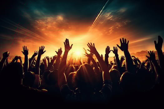 Crowd cheering at a music festival, hands raised in the air, Crowd cheering at a live music concert and raising hands up, AI Generated photo