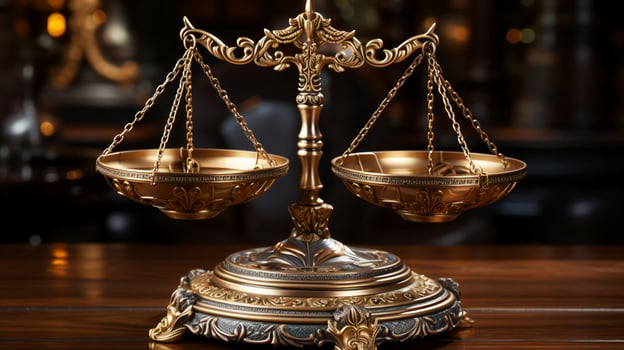 Golden scales of justice in the courthouse, concept of legislature, judiciary and justice photo