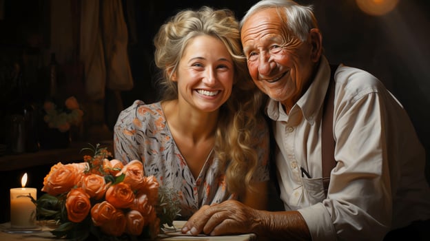 An elderly couple in love, a man and a woman, are sitting at a table, looking at each other with love and smiling photo
