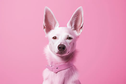 Pink colored dog on Pink Background. AI Generated photo