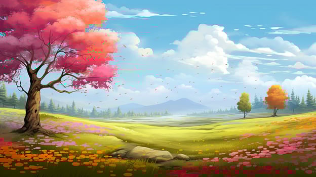 Spring season with colorful flowers and trees in a pretty meadow or field. AI Generated. photo