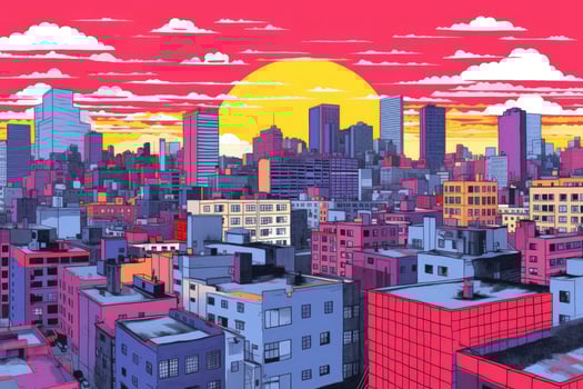 Spectacular watercolor painting of an abstract urban, cityscape, skyscraper scene in orange.. Digital art 3D illustration, AI Generated photo