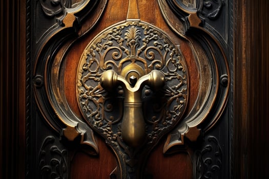 Ancient door handle on old door. Generative AI photo