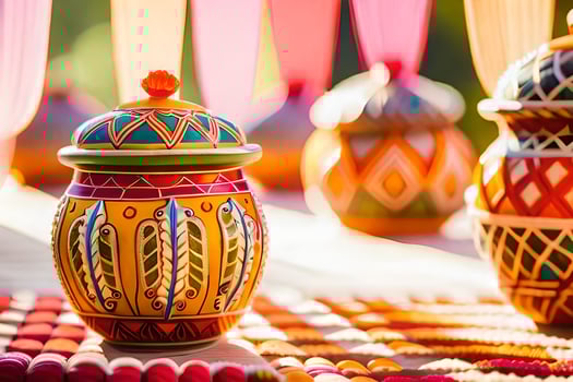 colorful vases on a table with colorful decorations. AI-Generated photo