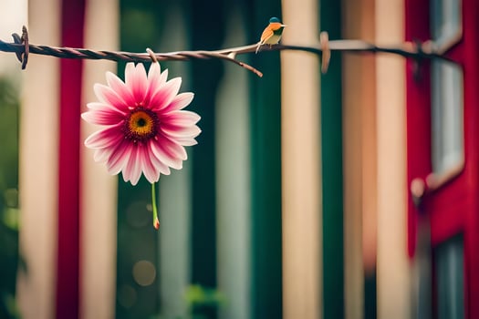 a pink flower on a barbed wire fence. AI-Generated photo