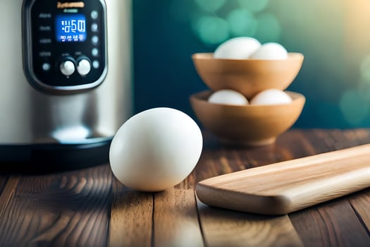 an egg sitting on a cutting board next to an electric pressure cooker. AI-Generated photo