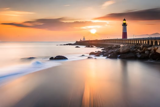 a lighthouse is seen at sunset in the ocean. AI-Generated photo