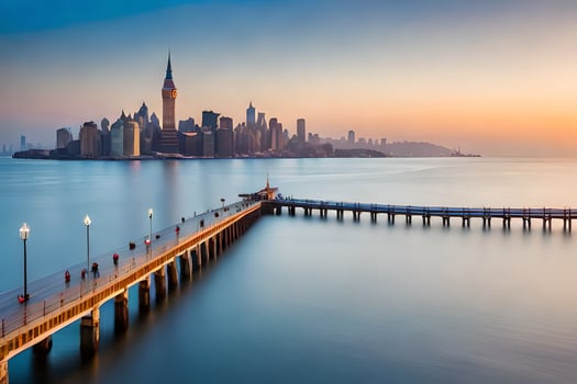 a pier with a city skyline in the background. AI-Generated photo