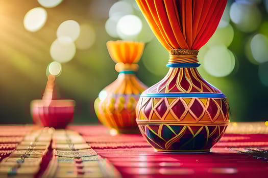 colorful vases on a table with a bright sun. AI-Generated photo