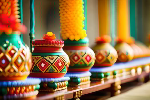 colorful vases are lined up on a table. AI-Generated photo