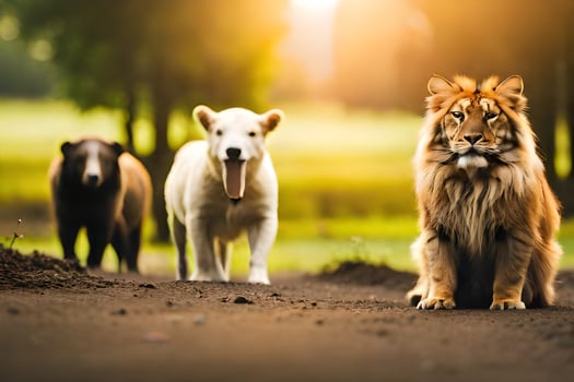 three animals walking on a dirt road. AI-Generated photo