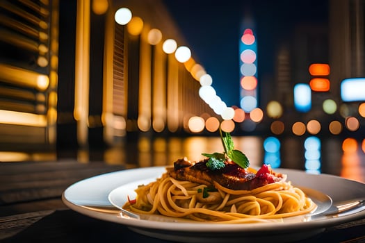 a plate of spaghetti with meat and sauce on a wooden table in front of a cityscape at. AI-Generated photo