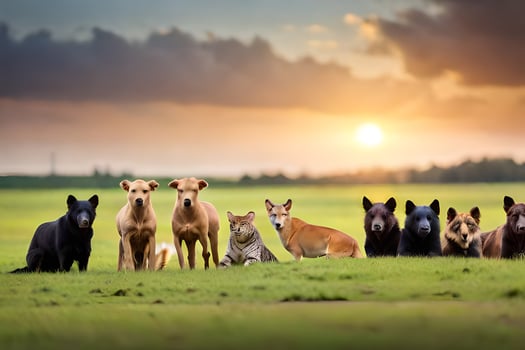 a group of dogs and cats sitting in the grass. AI-Generated photo