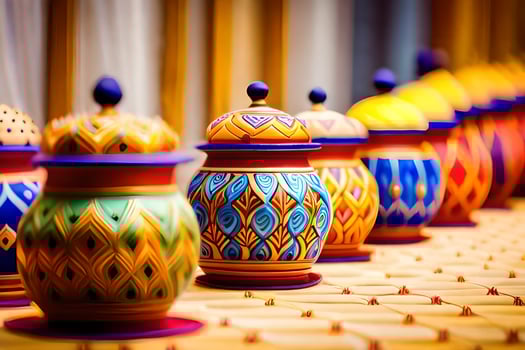 colorful ceramic jars lined up on a table. AI-Generated photo