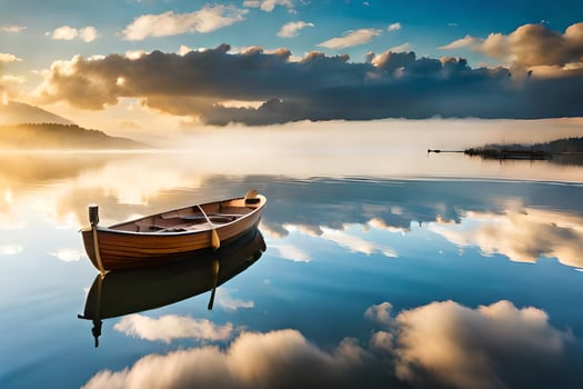 a boat floating on a calm lake with clouds reflecting in the water. AI-Generated photo